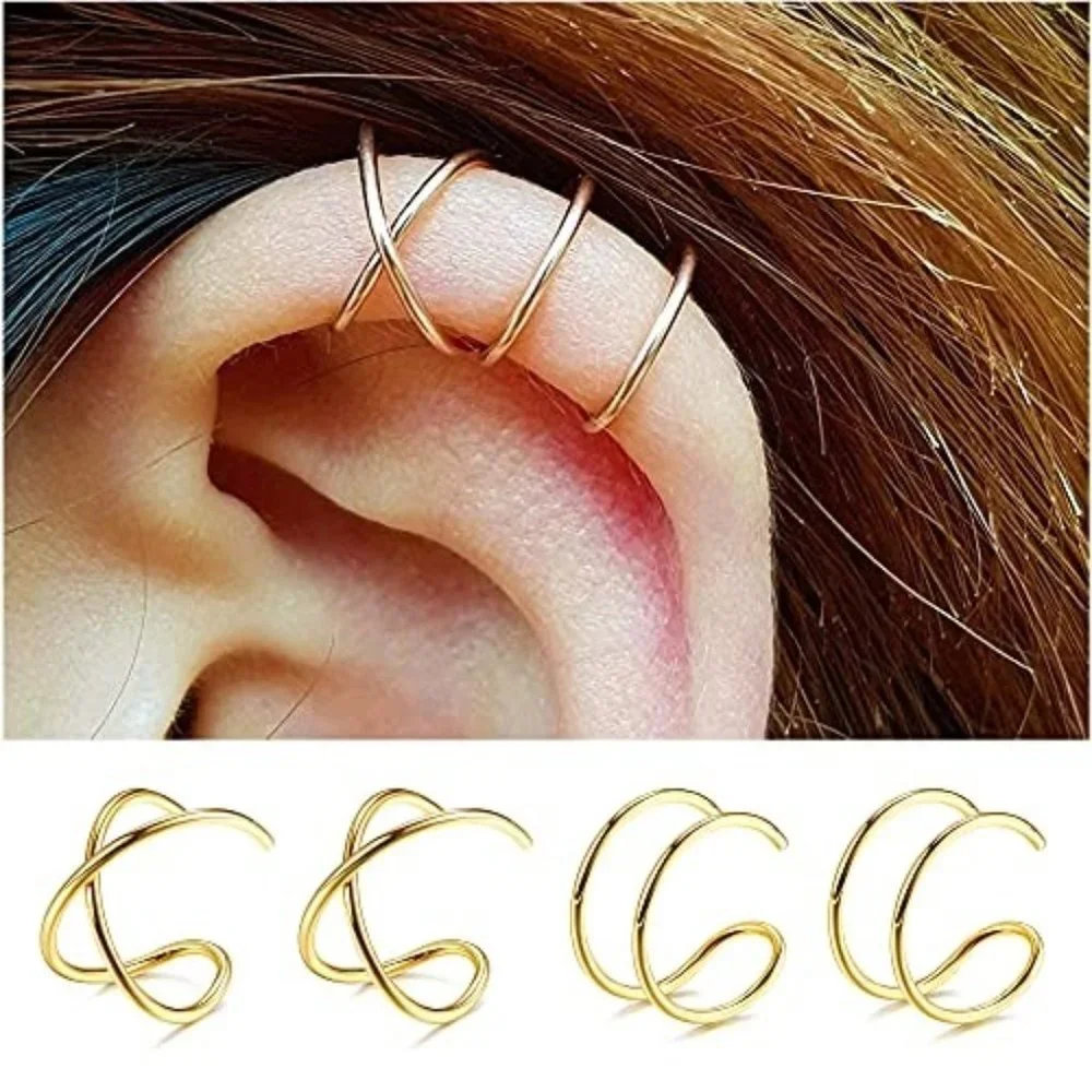 4Pcs Gold/925 Sterling Silver Cuff Earrings